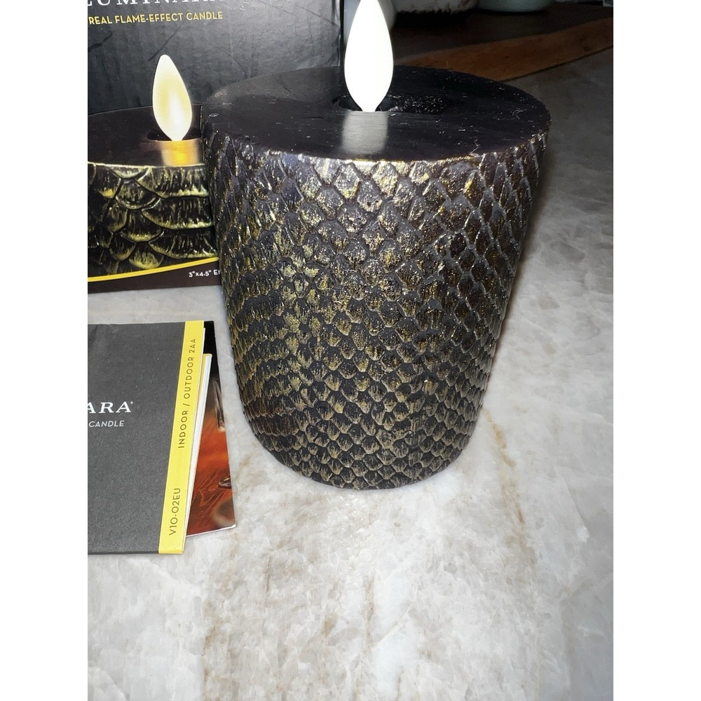 Luminara Embossed Snake Skin Pillar BLACK Hand Painted Gold NIB - Picture 3 of 7